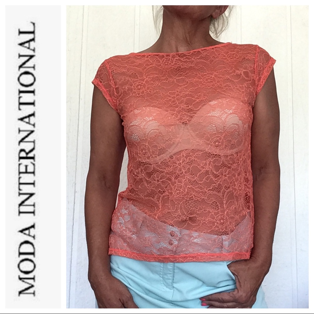 MODA INTERNATIONAL FOR VICTORIAS SECRET SHEER ORANGE LACE SLEEVELESS TOP SMALL